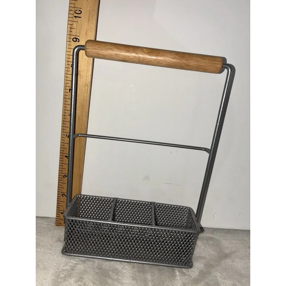 Vintage Kitchen Counter Organizer Caddy Metal Mesh Wooden Handle 9x5.5x2